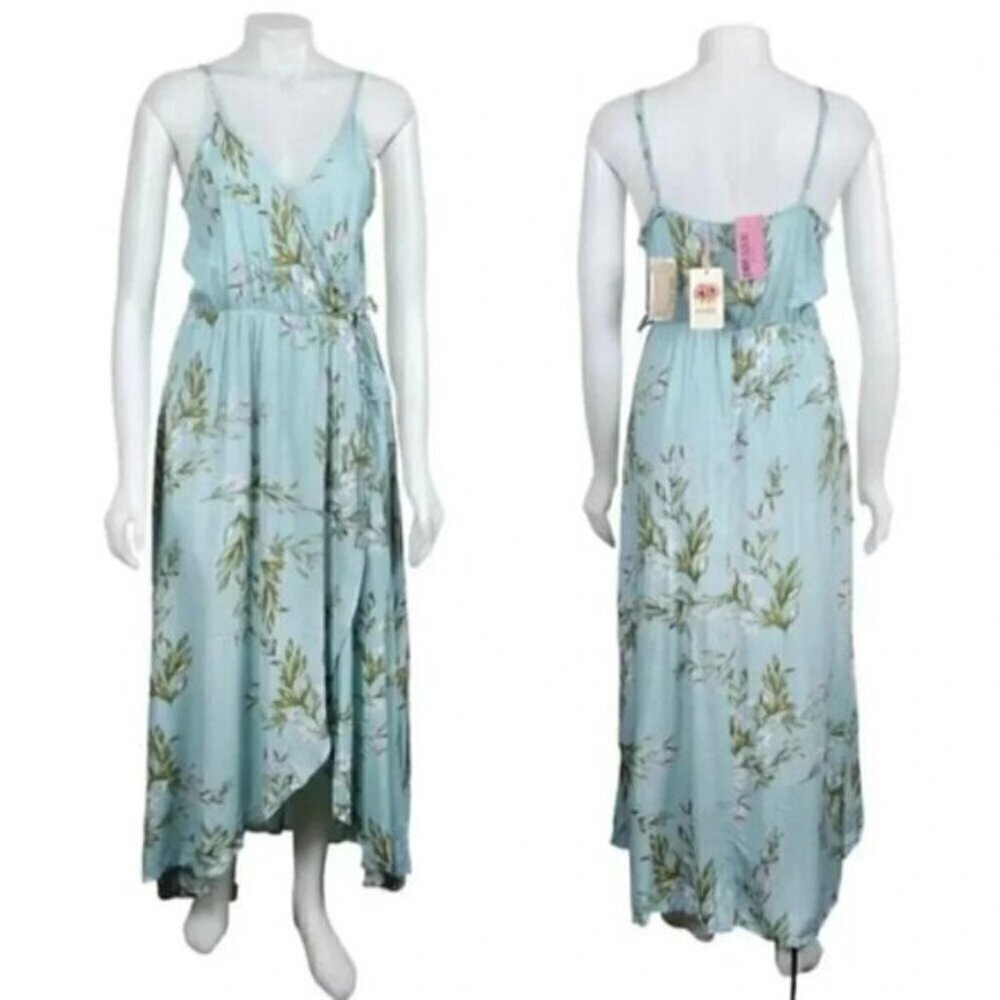 NWT Entro Floral Maxi Dress Blue Sleeveless Faux Wrap Rayon Size Large